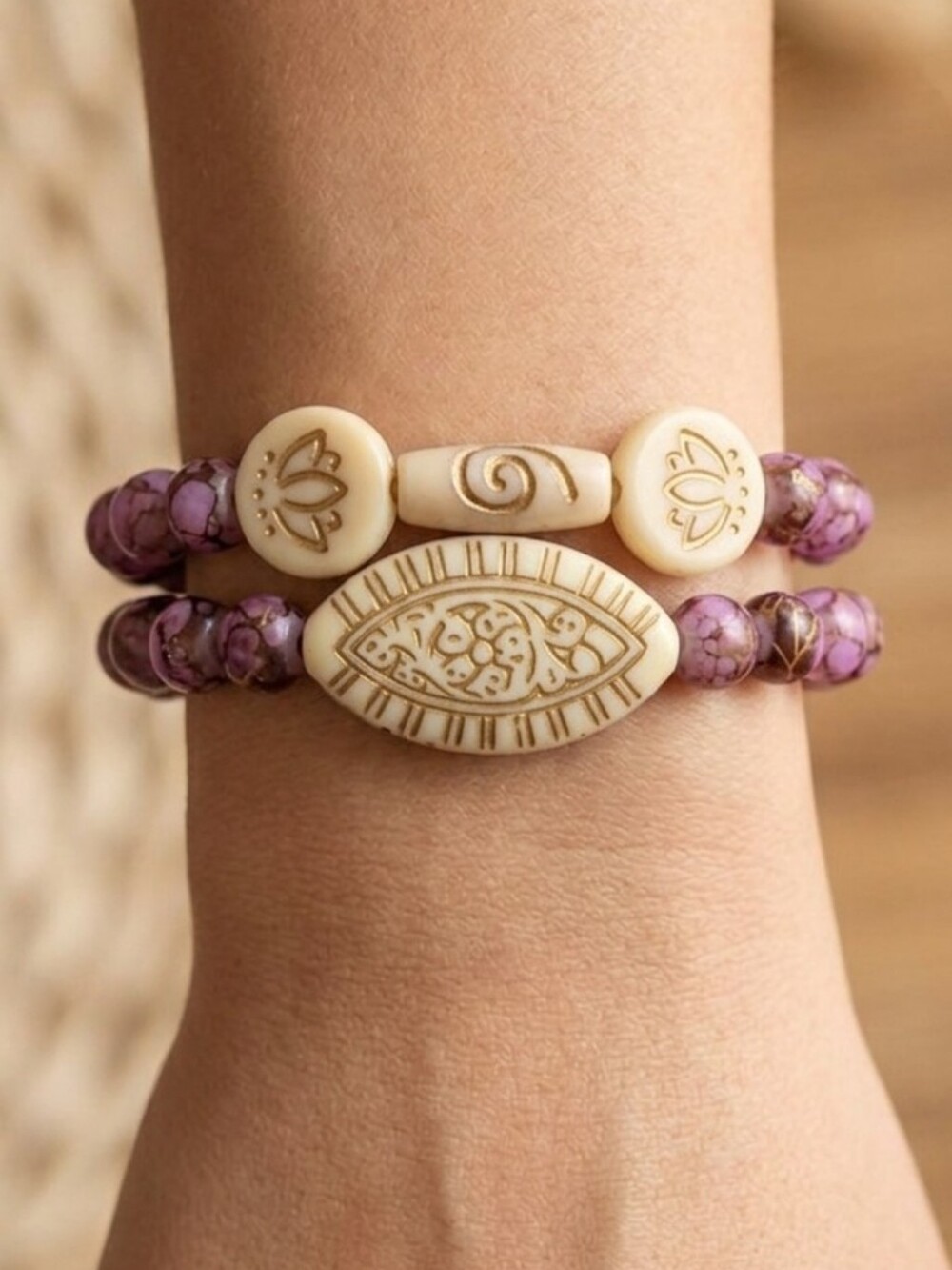 Unique Handcrafted Bead Bracelet Set 6.5-8.5 Inch Stretch
